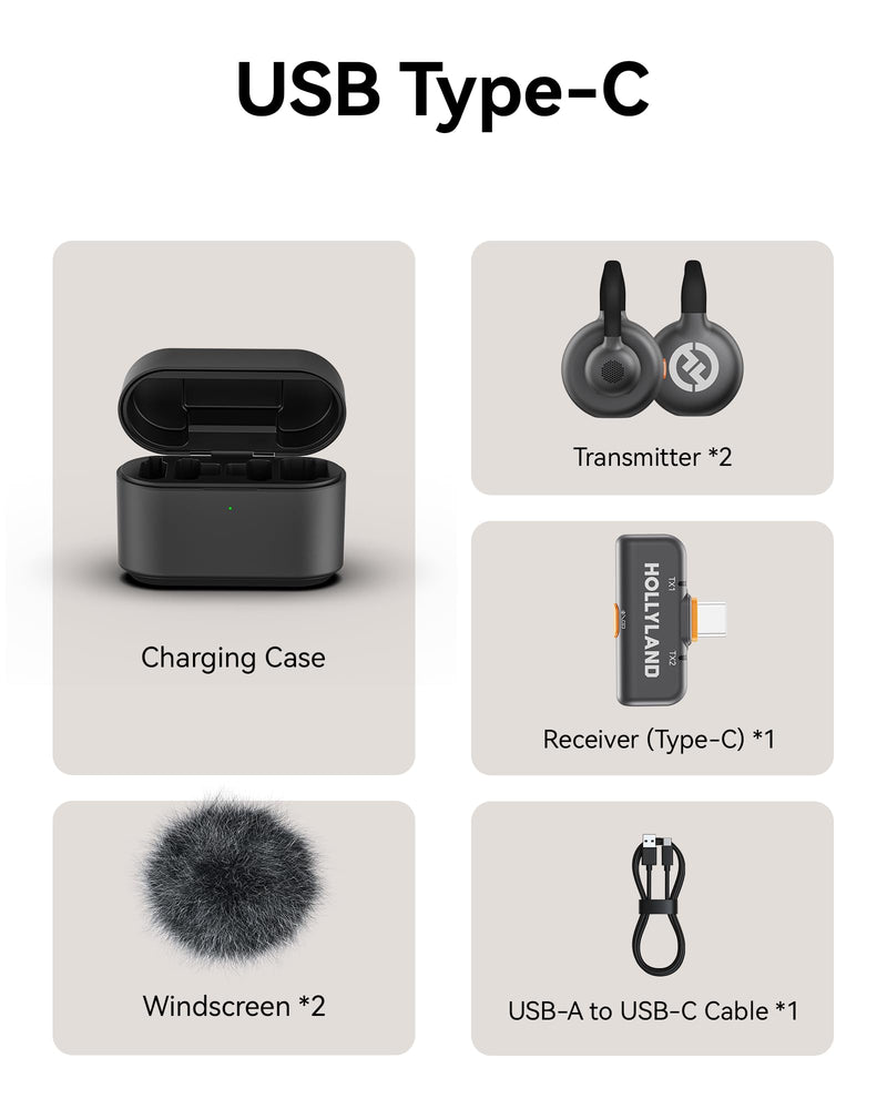 Hollyland Lark M2S Wireless Microphone with USB-C Plug for iPhone 15/16/17 and Android, Titanium Clip, Plug-and-Play, Noise Cancelling, 300m Range, 27H Battery Life for Vlogging, YouTube Black Lark M2S (Type-C RX)