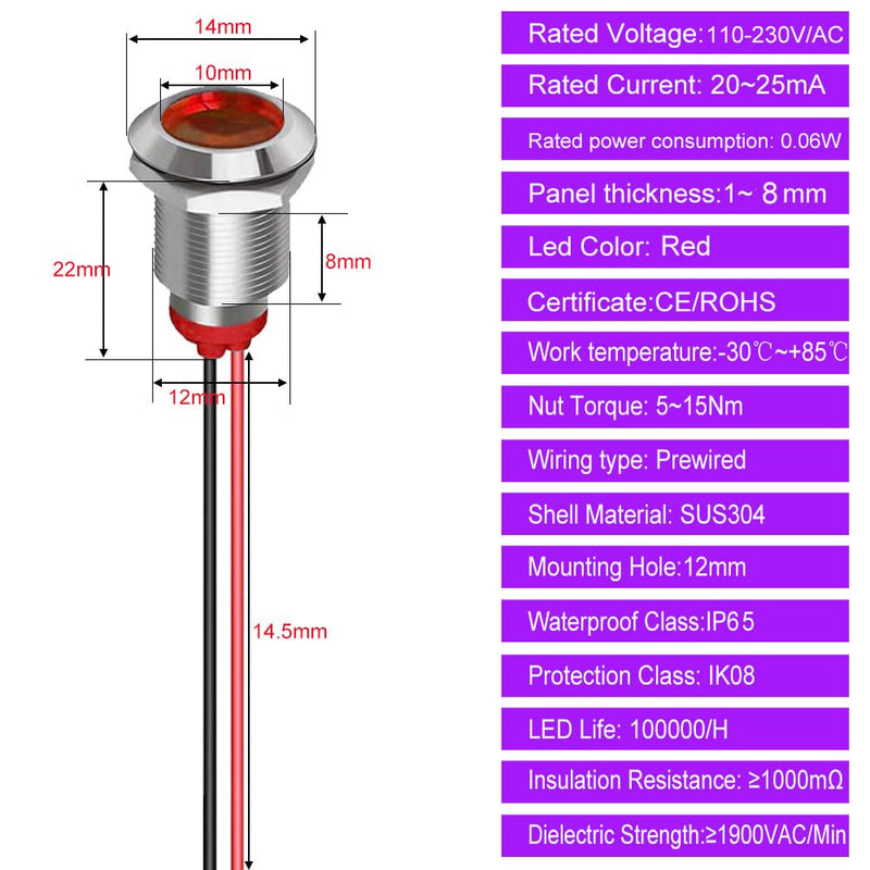 Formed 5pcs 12mm 230VAC LED Metal Indicator Light Waterproof Signal Lamp (Red) Red-230v