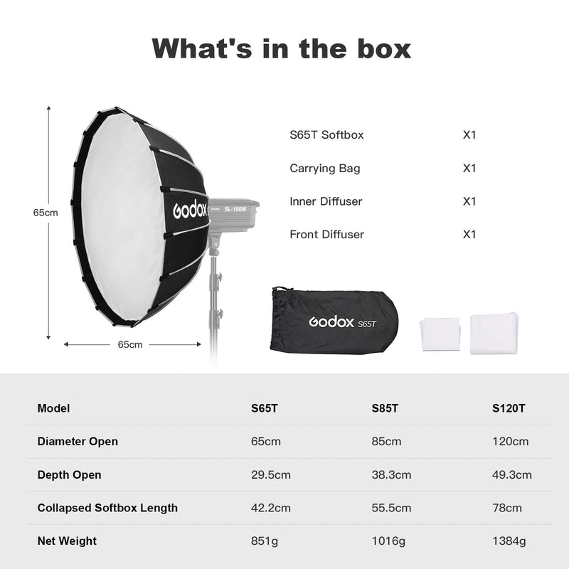 Godox S65T 25.6" 65cm Umbrella Softbox Bowens Mount Quick Release Small Softbox with Diffuser for Photography Shooting Continuous Light Strobe Flash 25.6"