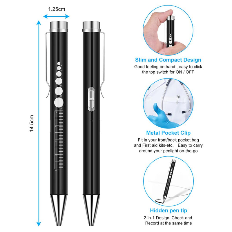 Flintronic Pupil Light Medicine, Diagnostic Light Nurse Emergency Service Accessories, with Pupil Meter & Ruler & Writeable Lead, USB LED Pen Lamp for Nurse Doctor 1 piece black