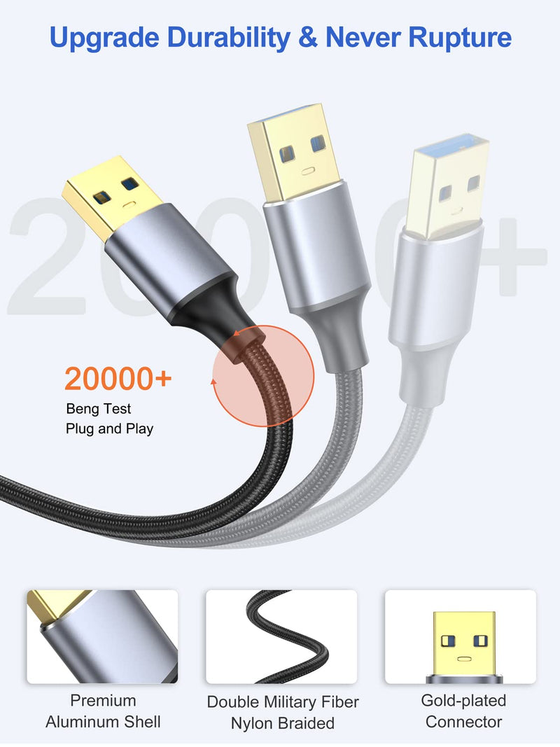 USB 3.0 Cable 1FT 2-Pack, Short USB A Male to Male Cord Double Sided Cable Compatible with Hard Drive, Laptop Cooler, DVD Player and More Grey-1FT