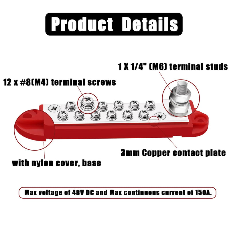 12V Bus Bar 150A Power Distribution Block Busbar 1/4"(M6) Studs 12 x #8(M4) Screw Terminals with Cover Block Distribution Box for Marine, Automotive, and Solar Wiring