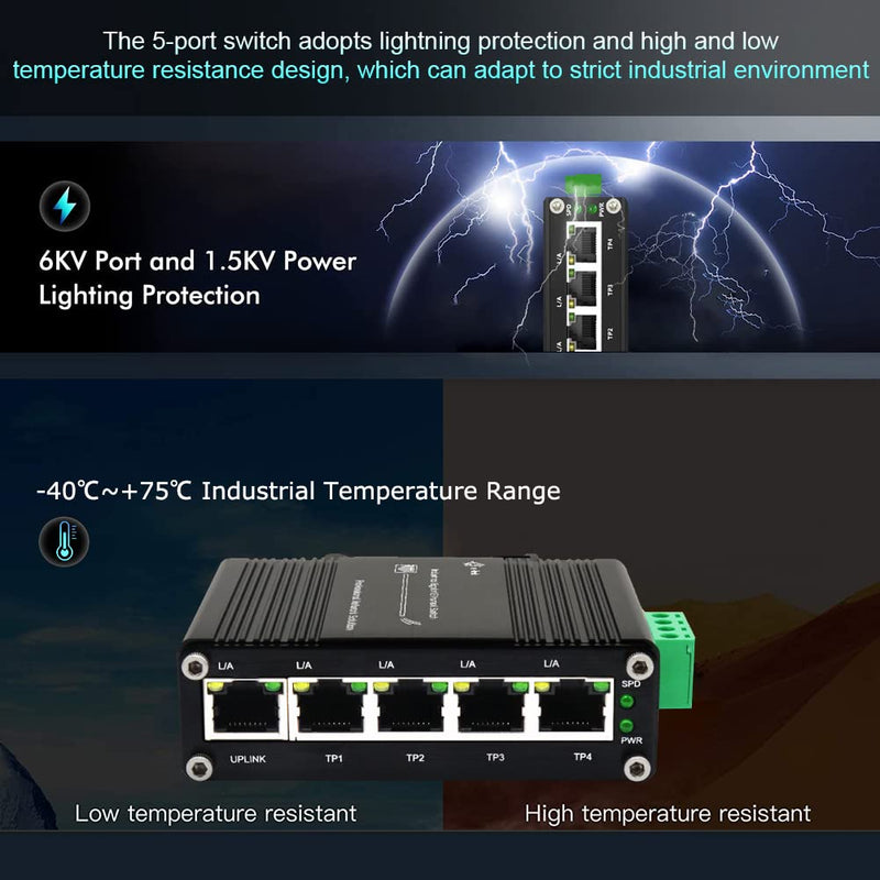 Mini Industrial 5 Ports Gigabit Switch Hardened 5 Port RJ45 10/100/1000Mbps Ethernet Switch Din Rail Mount Ethernet Switch Wall Mounts Included (-40 to 167 ºF) 10Gbps Switching Capacity 5 Ports Switch