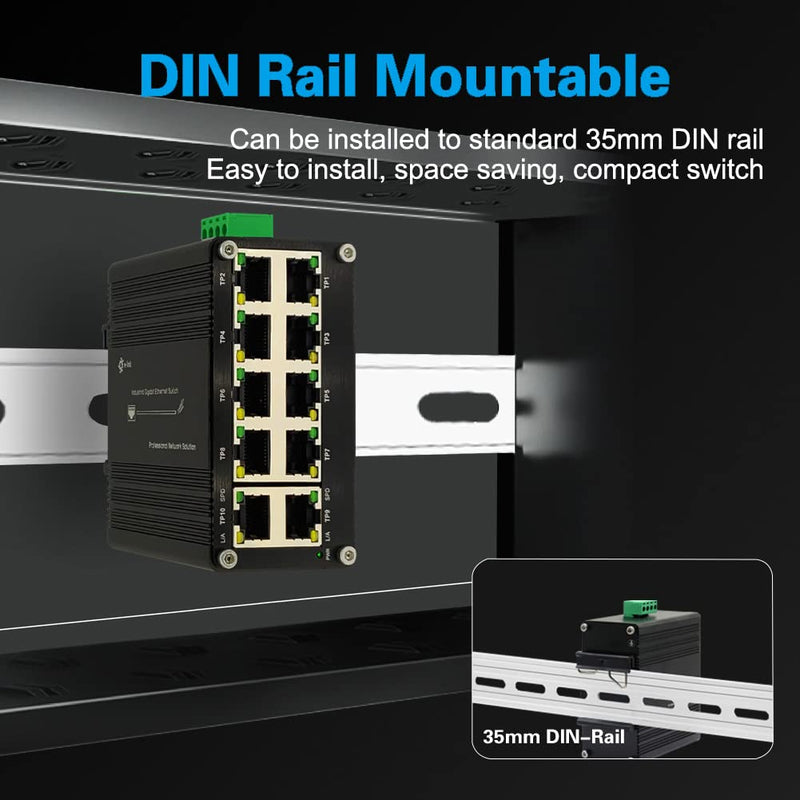 Industrial 10 Port Gigabit Ethernet Switch, RJ45 10/100/1000Mbps Mini Din Rail Mount Ethernet Switch, 12-48V DC Hardened Unmanaged Network Switch 20Gbps Switching Capacity 10 RJ45 Switch