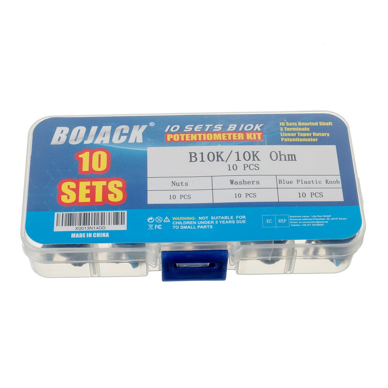 BOJACK 10 Sets B10K Knurled Shaft 3 Terminal Linear Taper Potentiometer (WH148) 10K Ohm Single-Turn Carbon Film Variable Resistors with Blue Plastic Buttons