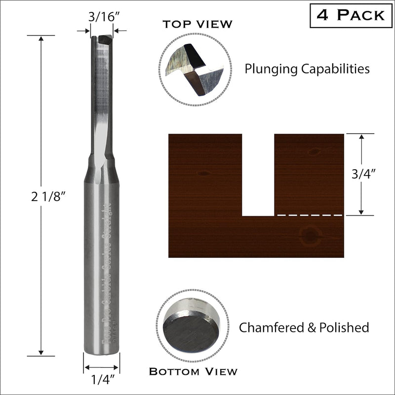 Straight Carbide Router bits - 1/4” Shanks - USA Veteran Owned (4 Pack 3/16") 4 Pack 3/16"