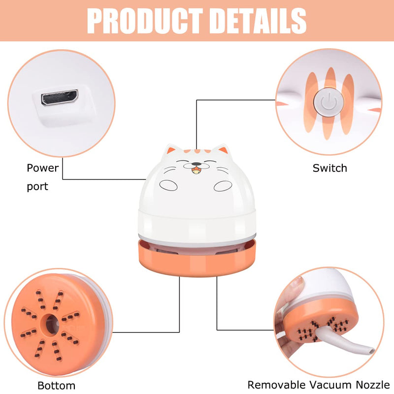 Mini Desktop Vacuum Cleaner, Portable USB Vacuum Cleaner for Desk Mini Cute Cartoon Desktop Vacuum for Cleaning Eraser Crumbs, Dust, Crumbs, Computer, Keyboard and Car (White Orange) White Orange