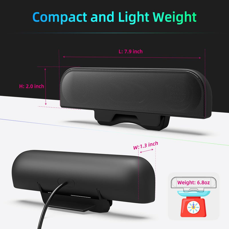 [Upgraded] Computer Speakers for Desktop PC | Monitor Speakers | USB Plug-N-play External Speakers for Laptop, Small PC Soundbar with HD Sound, Loud Volume, Enhanced Bass – Easily Clamps to Monitors