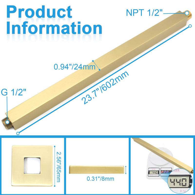 Shower Arm with Flange 24 Inches Ceiling Mount Square Straight Extender Extension Pipe Replacement, Extra Long Shower Arm For Fixed Rain Shower Head or High Ceiling,Brushed Gold 24inch Brushed Gold