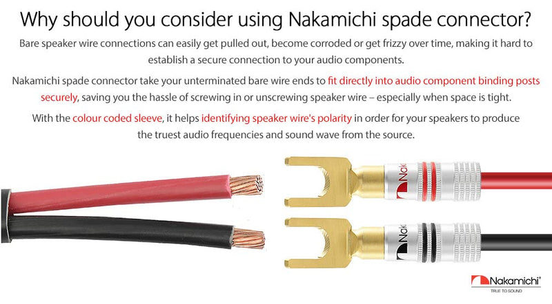 Nakamichi Excel Series 24k Gold Plated Spade Y Banana Plug 12-18 AWG Gauge Size 4mm for Speakers Amplifier Hi-Fi AV Stereo Home Theatre Audio Wire Cable Screw Connector, 10 Pcs (5-Pairs) 10 Pcs (5-Pairs)