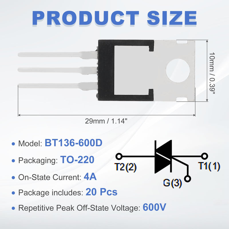 QUARKZMAN Pack of 20 Bidirectional Thyristor BT136-600D TO-220 600V 4A Rail Thyristor for Electronic Instruments Smart Home Devices Drones