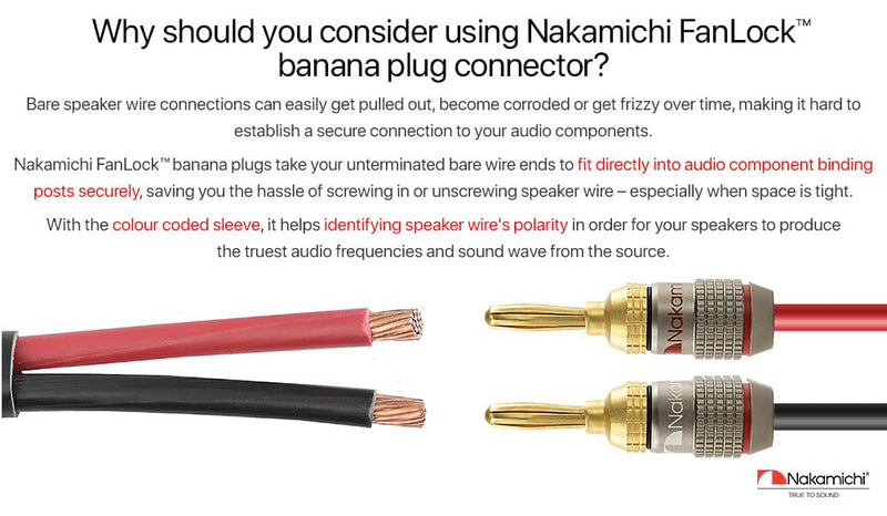 Nakamichi FanLock Excel Series 24k Gold Plated Banana Plug 10 AWG - 18 AWG Gauge Size 4mm for Speakers Amplifier Hi-Fi Stereo Home Theatre Radio Audio Wire Cable Quick Connector, 16 Pcs (8-Pairs) 16 Pcs (8-Pairs)