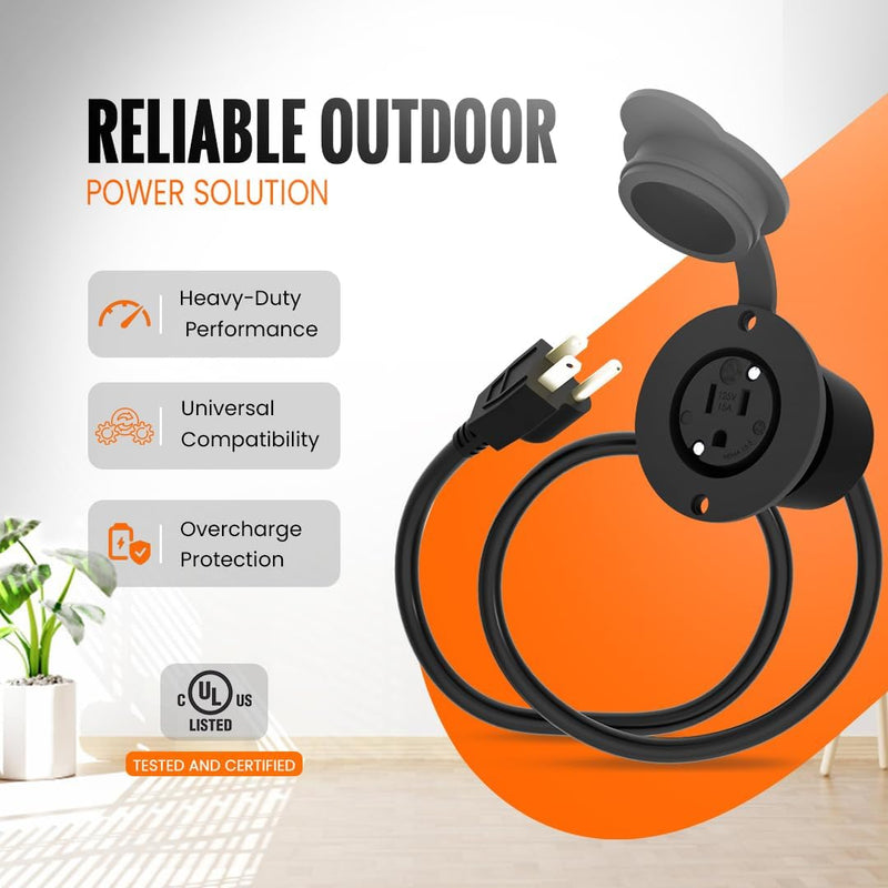 Journeyman-Pro Outdoor Waterproof Outlet, 15 Amp 125 Volt NEMA 5-15R Panel Mount Outlet, Exterior Electrical Outlet Kit with 20-Inch Extension Cord & Outdoor Weatherproof Rubber Cover (GCR1-BLACK) GCR1-BLACK