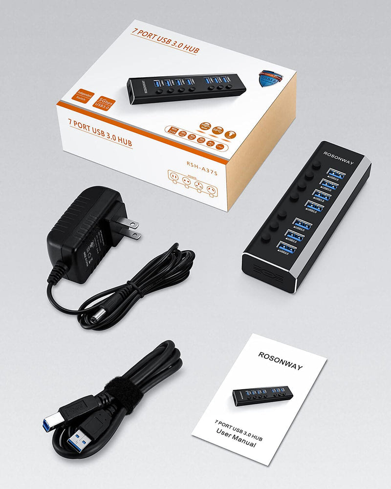 USB Hub 3.0 Powered Rosonway Aluminum 7 Ports USB 3.0 Data Hub Splitter with 24W (12V/2A) Power Adapter and Individual On/Off Switches USB Port Expander for PC and Laptop (RSH-A37S) 7-Port Powered USB 3.0 Hub