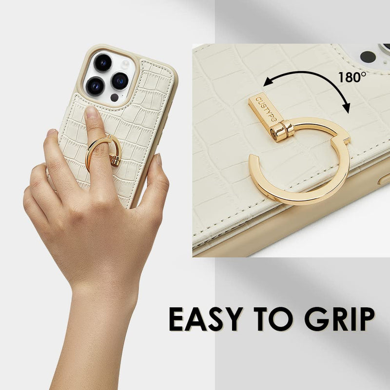 CUSTYPE for iPhone 14 Pro Max case Wallet with Card Holder, 180° Rotation Ring Holder Stand Card Slots Case, Leather Double Snap Cover with Wallet for Women and Men 6.7 "-Beige iPhone 14 Pro Max 6.7" Beige