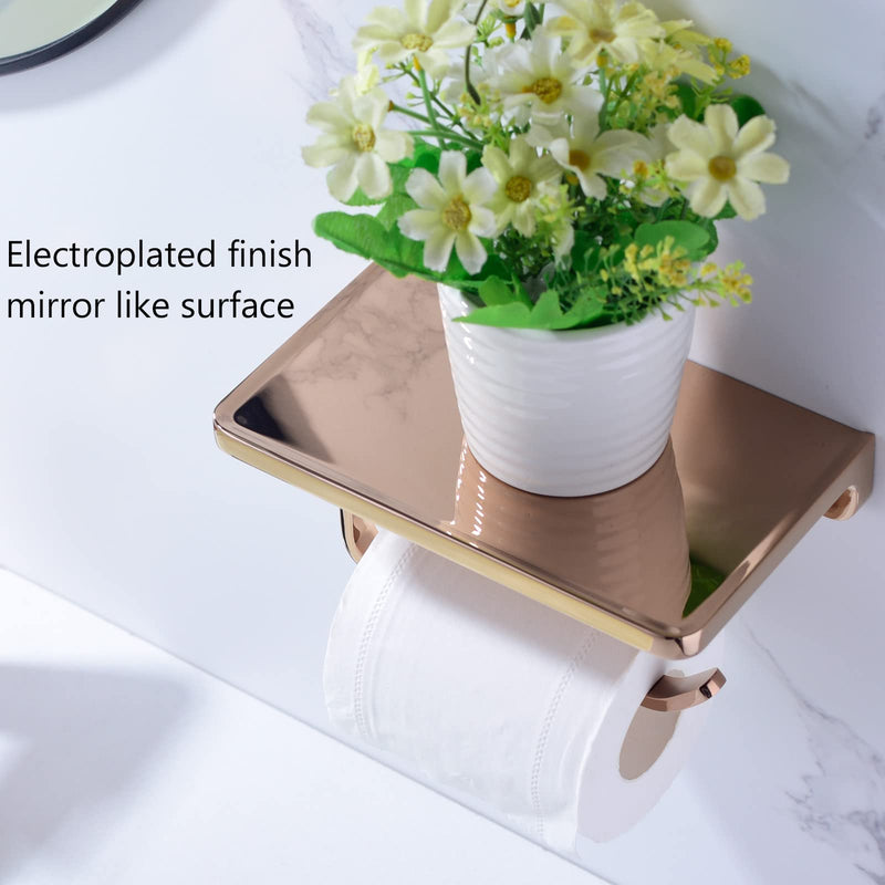 TRUSTMI Toilet Paper Holder with Phone Shelf, Bathroom Accessories Tissue Roll Dispenser Storage Wall Mounted, Plated Rose Gold 7.1" x 4.3"