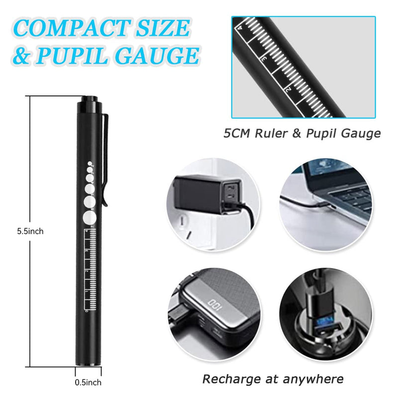 LEKIA Medical Pupil Light, Diagnostic Light, Nurse Emergency Service Accessories with Pupil Measuring Device and Ruler, Rechargeable USB LED Penlight for Nurses, Student Doctors, 1 Piece, Black
