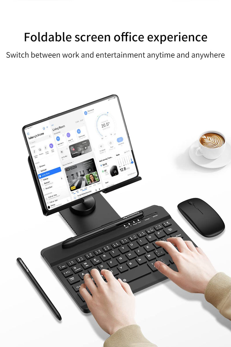 SHIEID Galaxy Z Fold 7 360° Rotating POS Tablet Stand, Zip Pull-Out, Integrated Folding Design Set with Folding Bracket, Keyboard, Mouse, Capacitor Pen–Compatible with Galaxy Z Fold7//6/5/4/3, Black Stand Bluetooth Keyboard Black-4-Piece Set