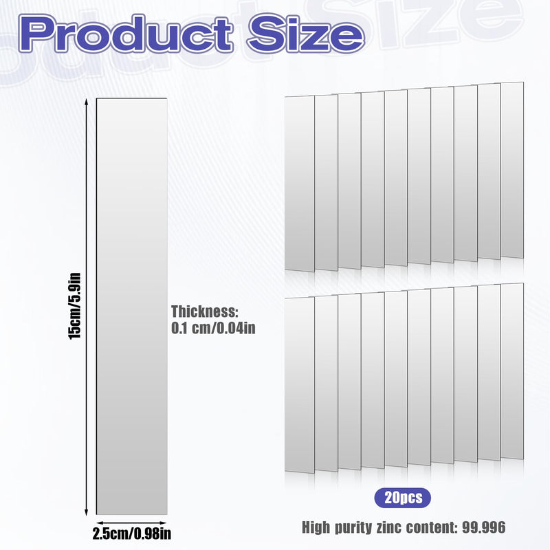 20 Pcs Pure Zinc Anode Sheet, 99.996% High Purity Copper Zinc Electrode Strip 0.04 x 1 x 6 Inch Bendable Anode Plate for Plating, Lab Research, Scientific Class Experiments