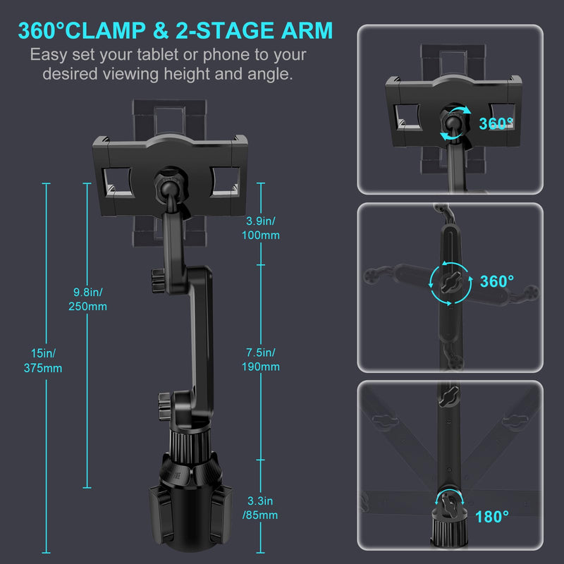 Cup Holder Car Tablet Mount for Truck, 360° Adjustable 15" Long 2-Arm Stand Holder for iPad Pro 12.9/11/10.5/9.7/Air/Mini 6/5/4, Samsung Galaxy Tab/Z Fold 6/5/4, iPhone 17/16/Pro, 4.7-12.9" Tab &Phone 15"