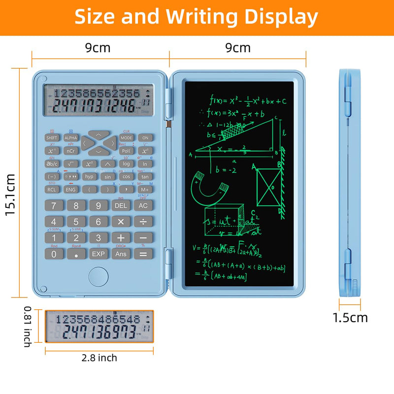Scientific Calculator with Writing Pad, 240 Computing Functions, Foldable Case, HD Screen, Anti-Deletion Lock & One-Click Clear, Perfect for School, Finance & Engineering (Sky Blue) Sky Blue