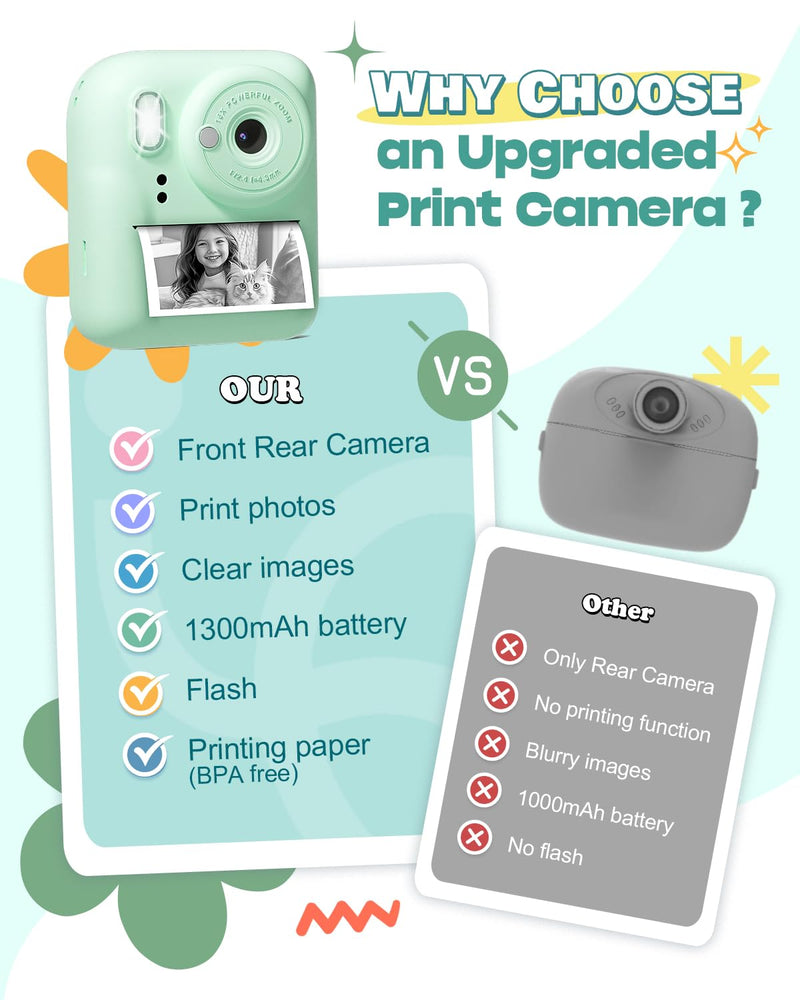 Seckton Kids Camera Instant Print, Upgrade Selfie Digital Camera for Kids, Christmas Birthday Gifts for Boys Girls Age 3-12, Toddler Portable Travel Toy with HD 1080P Video-Green Green
