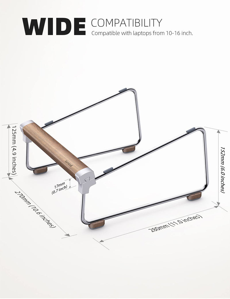 Lamicall Laptop Stand Desk, Walnut Wood Laptop Riser Portable Removable Aluminum Ventilated Ergonomic Computer Notebook Stand Holder Elevator, for MacBook Air Pro, Dell XPS, HP (10-16'') - Silver Sliver