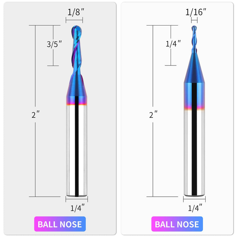 EANOSIC 1/4 Inch Shank Carbide Ball Nose End Mill Set (5 Pieces), CNC Router bits Milling Tools with Nano Blue Coating for Side Milling, End Milling, Finish Machining 5 PCS Ball Nose Set