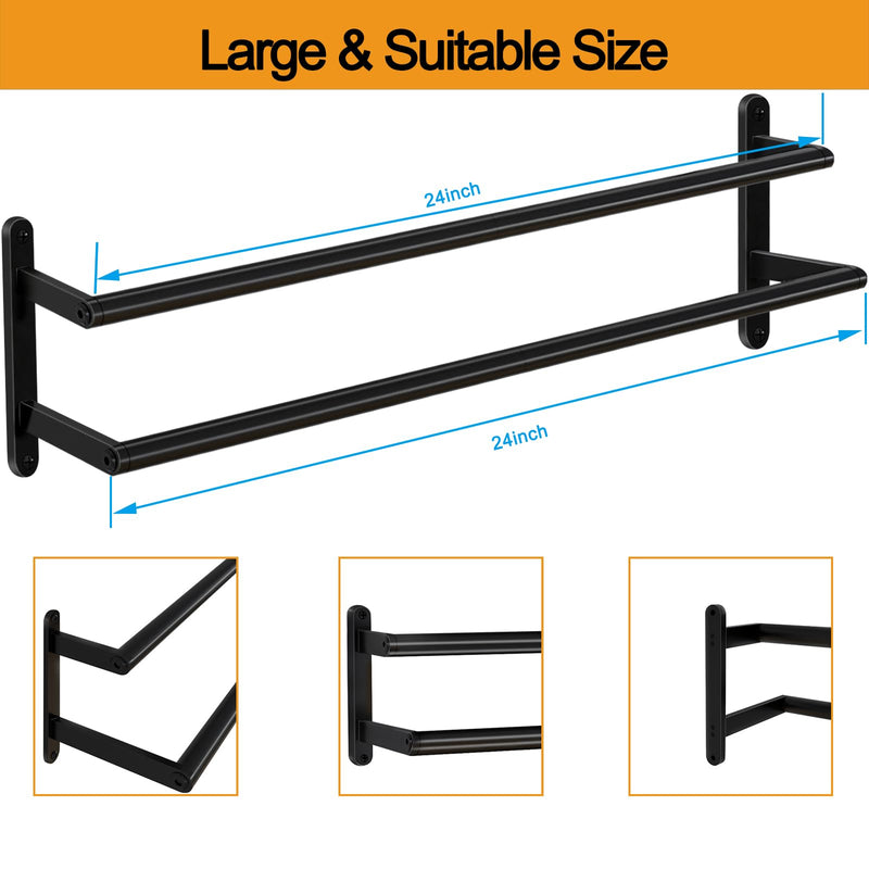 Double Towel Bar, 24Inch Towel Rack for Bathroom, Stainless Steel Double Bath Towel Bar, Wall Mounted Towel Holder, Double Towel Rod Towel Rail Hanger for Wall, Kitchen (Matte Black) Black-24inch-b