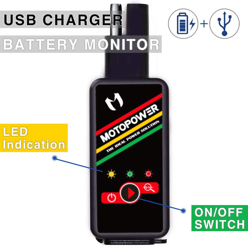 MOTOPOWER MP0620B 4.2Amp Motorcycle Dual USB Charger SAE to USB Adapter with Battery Monitor Switch Control Black