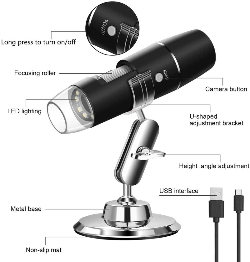 WADEO Digital USB Microscope, Portable WiFi Microscope 50X-1000X Magnification with Endoscopy and 8 LED, Digital Microscope for Android, iOS, Windows Silver, 50X-1000X Magnification