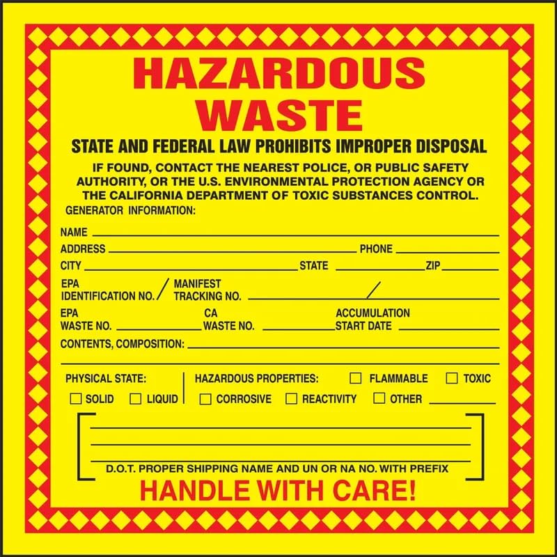 Accuform (California) Hazardous Waste Label Adhesive-Poly Vinyl,Hazardous Waste - State and Federal Law PROHIBITS Improper Disposal...Handle with Care, 6"x6", Red/Black/Yellow (Pack 25), MHZWCAEVP Pack of 25