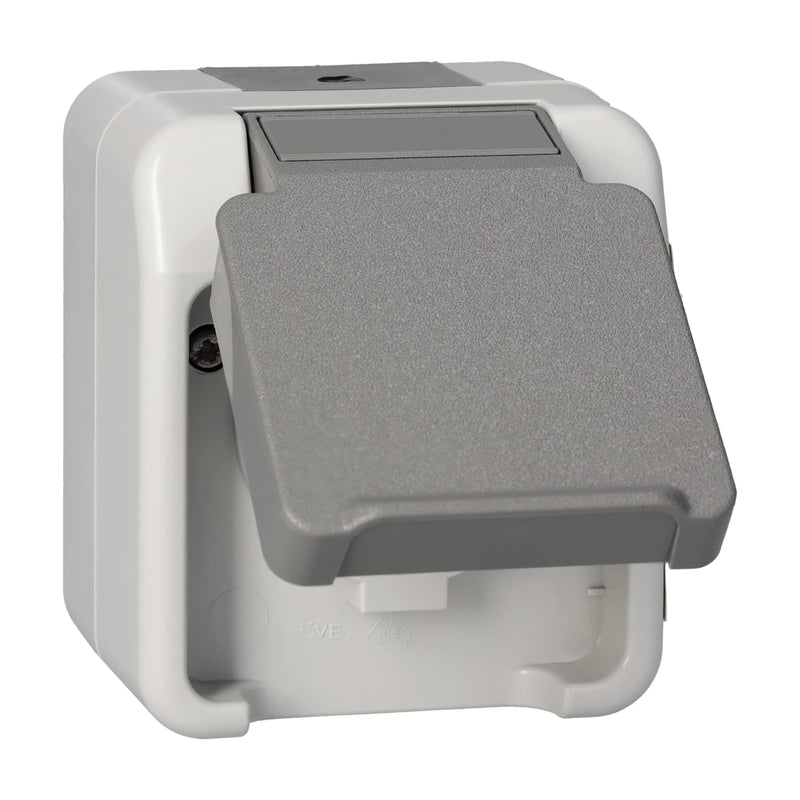 Schneider Electric Merten MEG2301-8029 Schuko socket hinged lid, protective contact socket surface-mounted 1-way damp room, IP44, light gray, Aquastar without contact protection