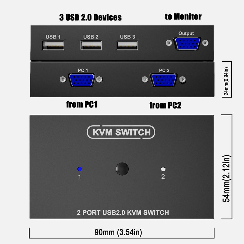 KVM Switch VGA 2 Port, DiamondTiger VGA KVM Switch for 2 Computers Share 1 Monitor & 3 USB 2.0 Keyboard Mouse Scanner Printer,U Disk, Driver-Free for All OS,2 KVM Cables 1 Desktop Controller Included VGA 2PC