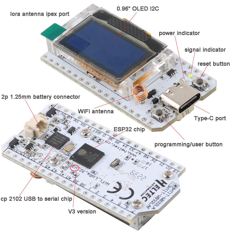 915MHz LoRa ESP32 OLED Board V3 + LoRa Antenna U.FL to SMA for Meshtastic LoraWan IOT (Pack of 2), not Compatible with Heltec LoRa 32 V2