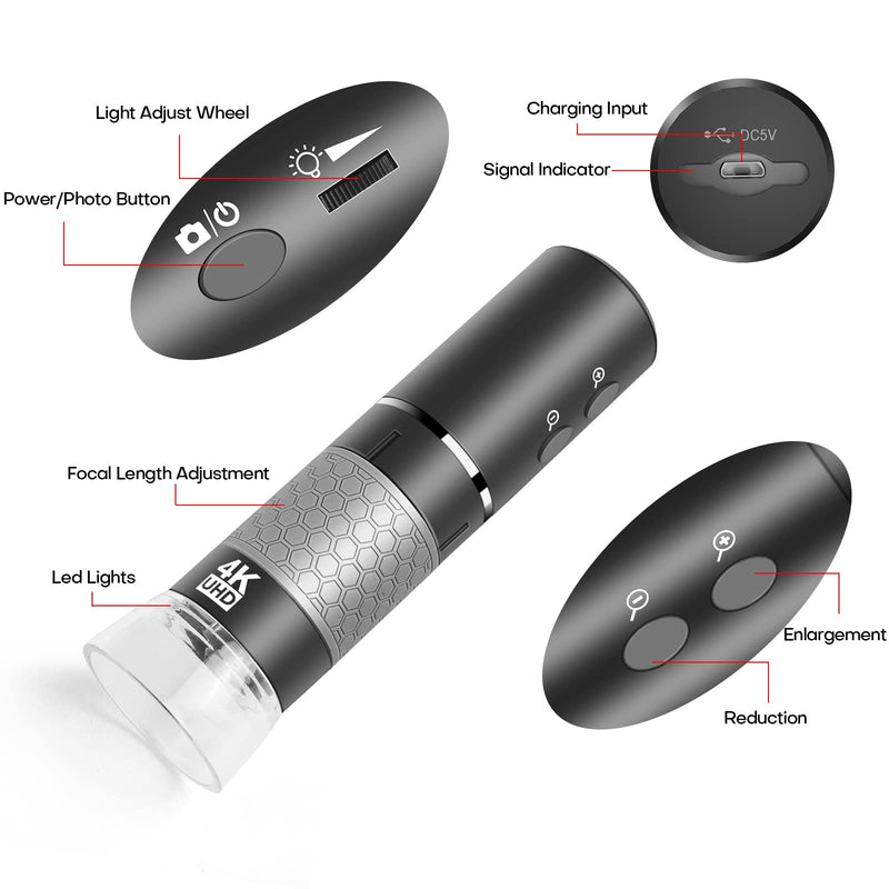 4K WiFi Digital Microscope Camera for iPhone Android Phone and Windows Mac PC, 3840x2160P Wireless Handheld Microscope, Portable Microscope for Adults and Children WiFi Microscope