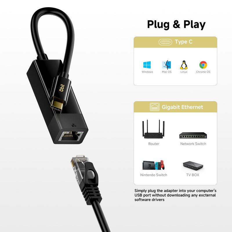 DBIT USB C to Ethernet Adapter, Gigabit RJ45 to Type-C (Thunderbolt 4/3) Ethernet LAN Network Adapter, Plug and Play, Compatible with Smart Phone, MacBook Pro, iPad Pro, Surface, Dell XPS and More Type-C to Ethernet Adapter