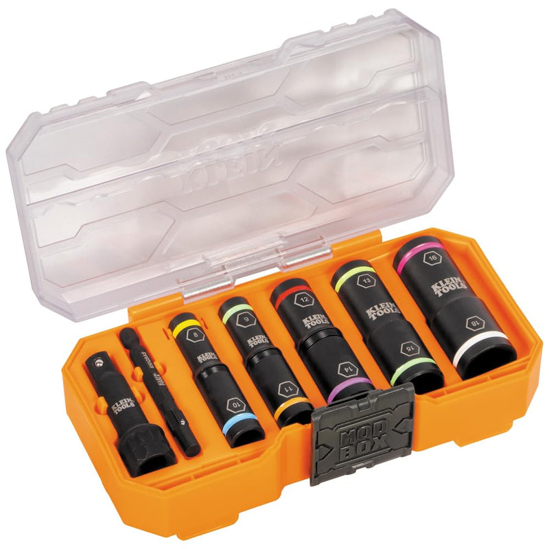 Klein Tools 65619 KNECT Flip-10 Metric Impact Socket Set, Deep Depth, 5 Color-Coded Flip Sockets, 10 Metric Sizes, 1/4 and 3/8-Inch Adapters, MODbox Case