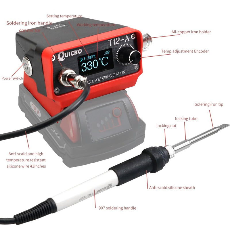 Cordless Soldering Iron Station,QUICKO T12 Soldering Station Fit for Milwaukee Battery 18/20V,Sleep Immediately,Injection Mold,°C/ºF Conversion (Battery Not Included) With 5pcs Solder Iron Tips Fit for Milwauke Battery