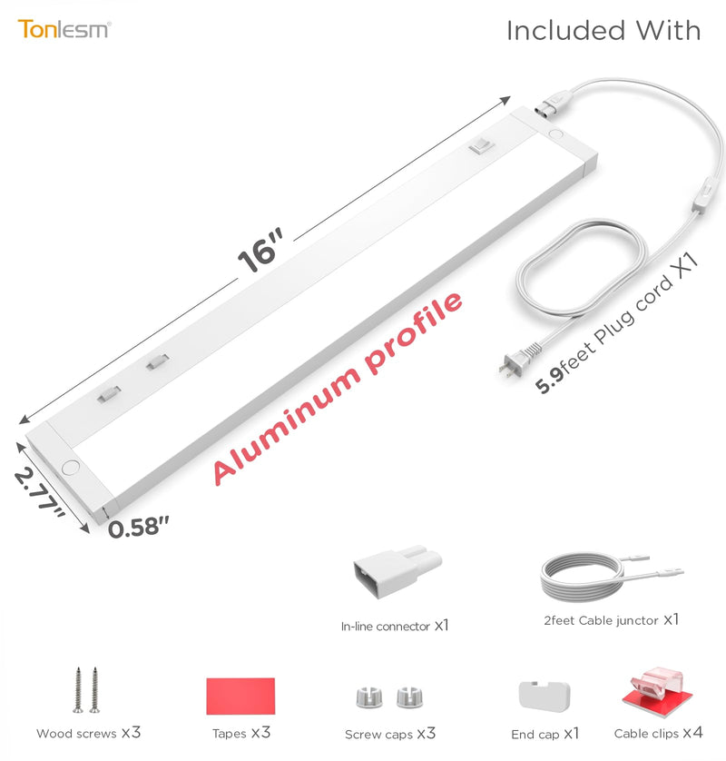 16 Inch Under Cabinet Lighting Plug in, 9W 120V 3 Color 3000K/4000K/5000K, 3 Brightness, Super Bright, Ultra Thin Under Counter Lights for Kitchen, Linkable LED Cabinet Light, White White,1 Pack 16 Inch