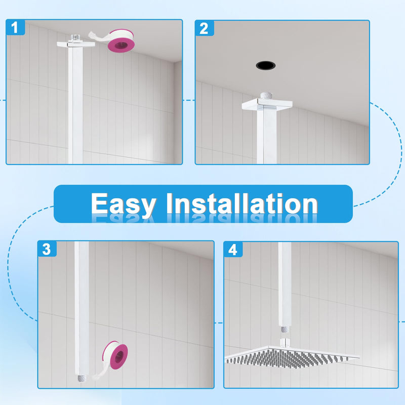 Ceiling Mount Shower Arm with Flange 20 Inches Square Straight Extender Extension Pipe Replacement, Long Shower Arm For Fixed Rain Shower Head or High Ceiling, Chrome 20inch
