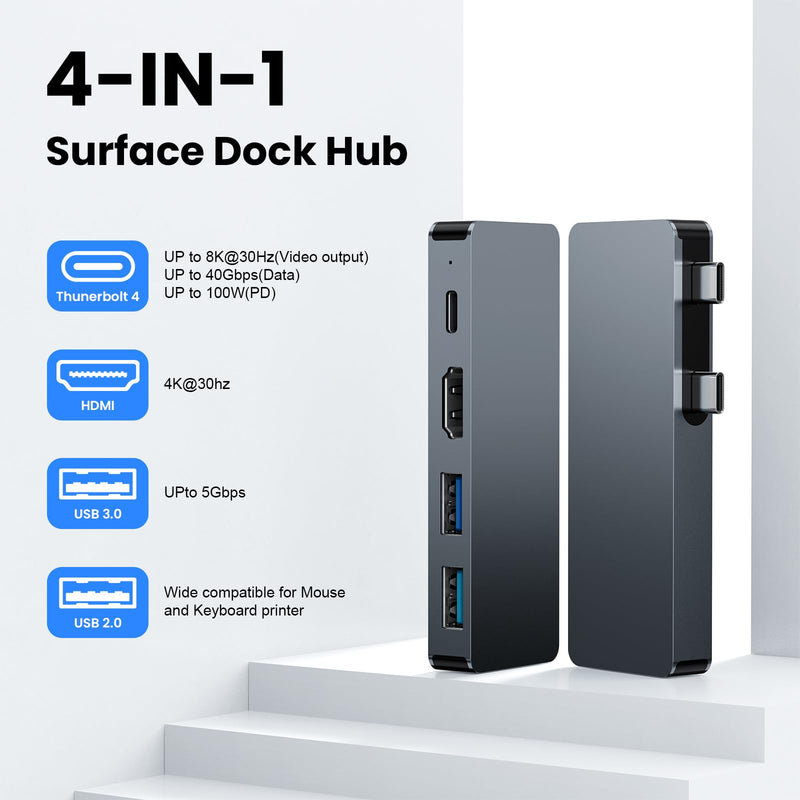 Surface Pro 11 USB Hub Docking Station 4K HDMI, USB-C Thunerbolt 4(8K Video+40Gbps+100W PD), 2 USB 3.0 Dock Hub for Surface pro 9/10/11 Pro 9 8 X
