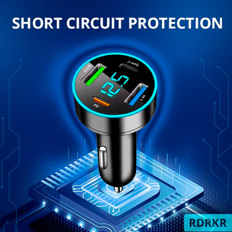 66W Car Charger Cigarette Lighter USB Charger, 4-Port Car Charger, 2 * USB 2.4 +PD+Type C Cigarette Lighter AdapterVoltmeter Compatible with Samsung/iPhone and other Android and iOS Devices