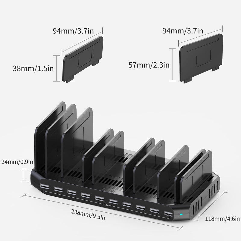10-Port Multi Charging Station, 60W USB Tablet Charging Station for Multiple Devices, USB Charging Dock Multi Device Charger Organizer with Adjustable Dividers for Tablets, Smartphones Ebony
