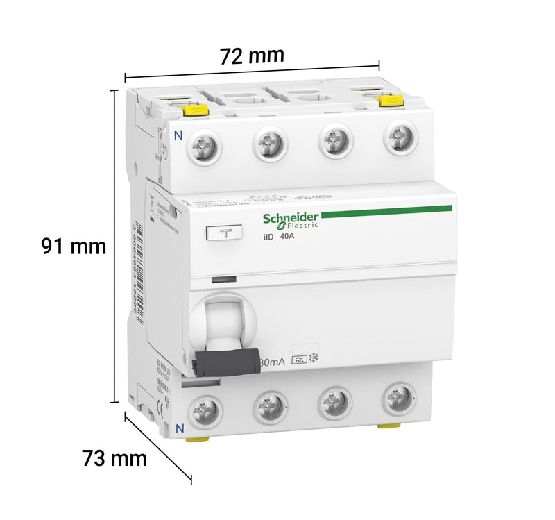 Schneider A9Z21440 Residual Current Circuit Breaker IID, 4P, 40 A 30 mA Type A | 40 A, 30 mA, type A, ground fault protection time undelayed 40 Amps