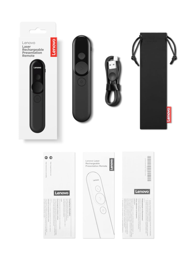 Lenovo Laser Rechargeable Presentation Remote, Bluetooth & USB, Digital & Laser Pointer, LCD Screen, Rechargeable Battery, 30M Range, Black, 500mm Cable Length