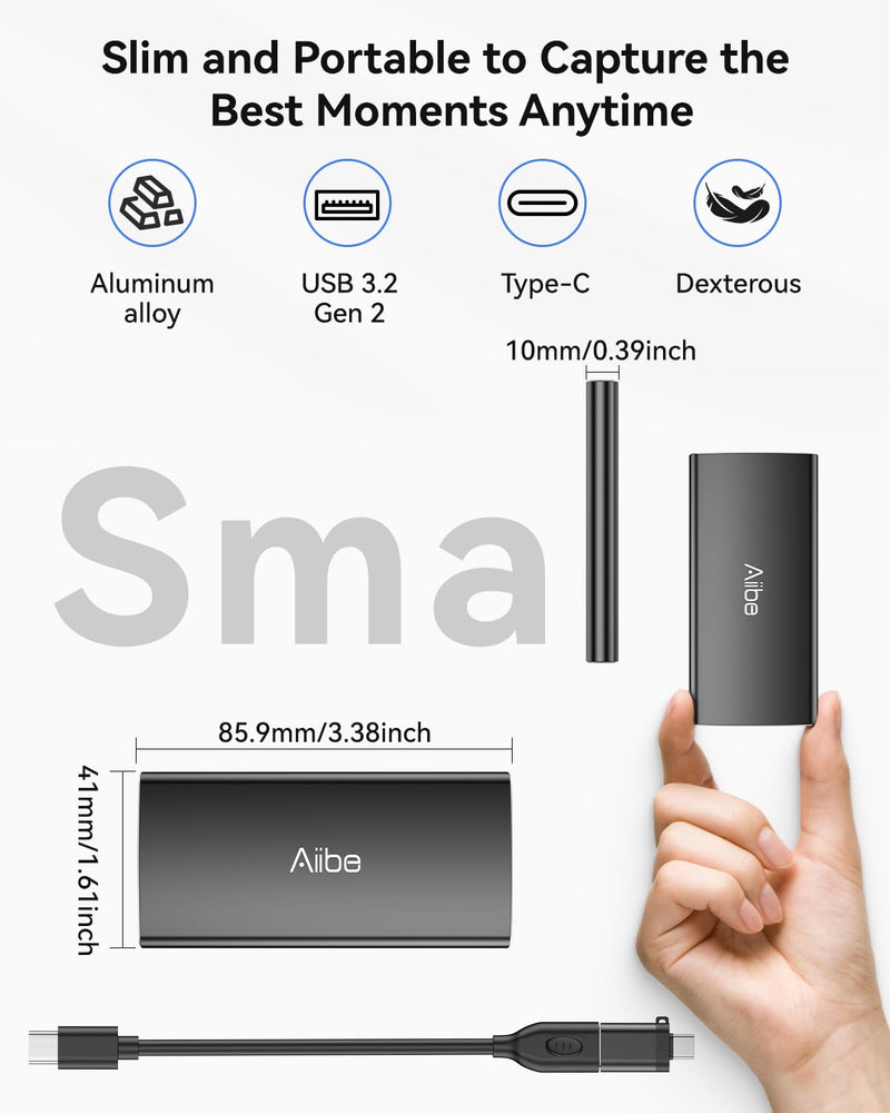Aiibe 1TB External SSD USB C Portable SSD USB 3.2 Gen 2, Up to 1050MB/s, External Solid State Drive 1TB External Hard Drive for iPhone 16/15, Laptop, Mac and PS5 (Black) X5Plus