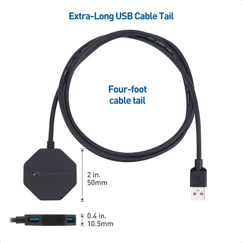 Cable Matters Ultra Mini 4 Port USB Hub with Long 4 ft Extension Cable Tail, USB 3.0 Hub with Multiple Ports for Up to 5Gbps Data Transfer Rate, Black