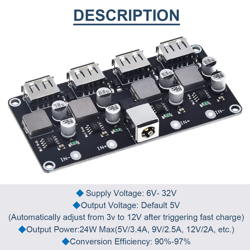 DAOKAI 6-32V 9V 12V 24V to 5V Fast Charging Module 4 Port USB QC3.0 QC2.0 DC-DC Buck Converter Step-Down Fast Charging Board with USB Cable, 24AWG Wire 4-Port USB
