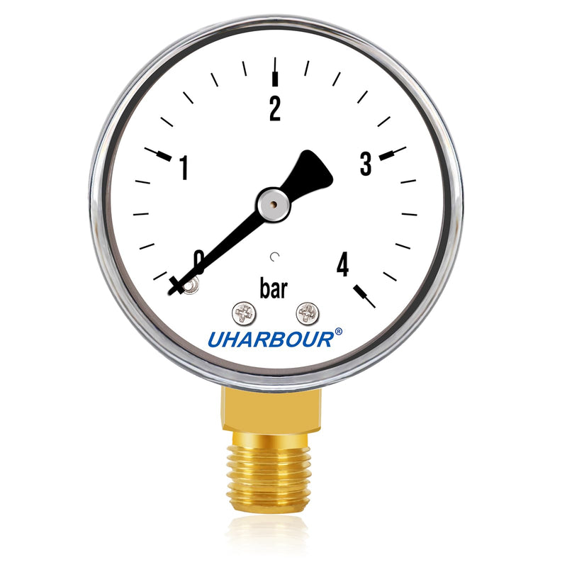 UHARBOUR pressure gauge water 0-4 bar, pressure gauge 1/4 inch, pressure gauge compressed air lower bracket, compressed air pressure gauge 1/4 BSP brass connection
